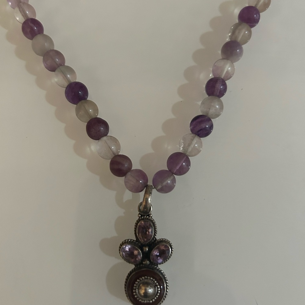 Beaded amethyst and pure silver necklace.
